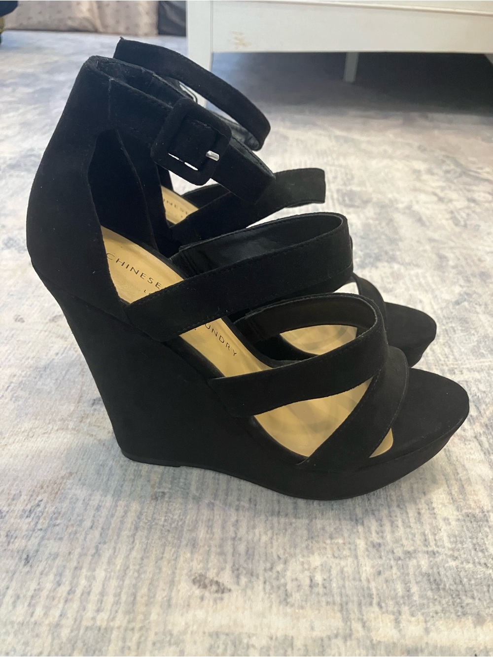 Chinese Laundry Black Strappy Suede Wedge Sandals